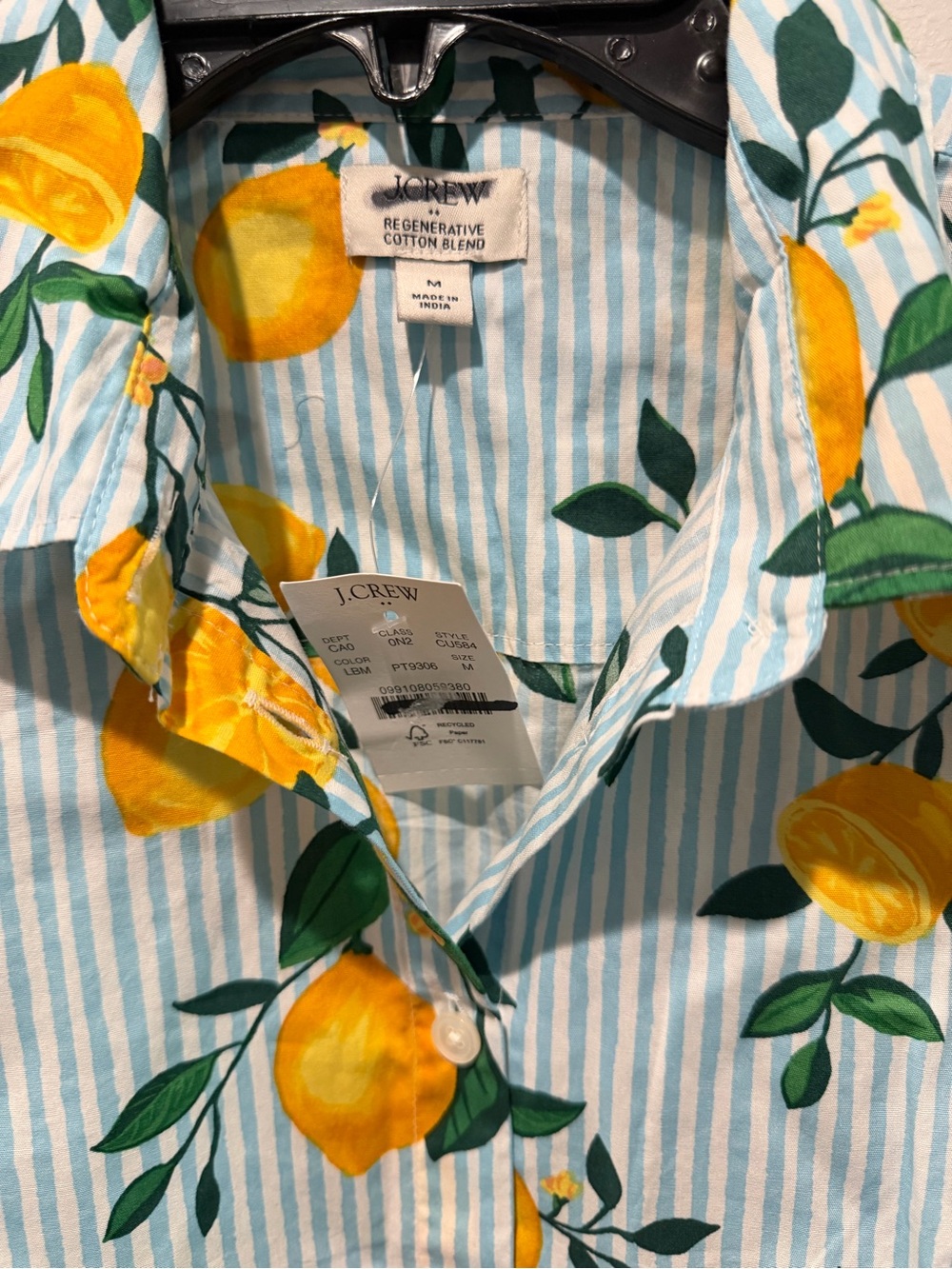 J.Crew Puff Sleeve Cotton Poplin Blouse Blue Stripe Lemon Print Top M NEW - Picture 3 of 5